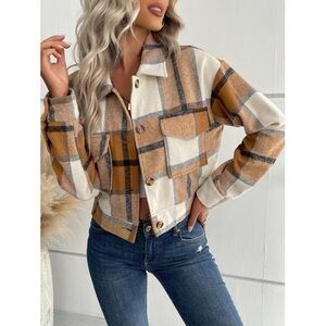 Plaid Cropped Shacket Jacket - Cream & Brown (New Without Tags)